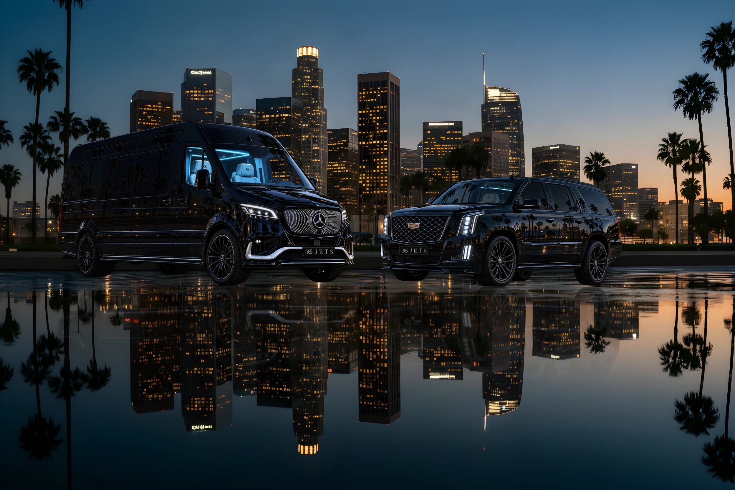 Downtown Los Angeles at dusk, a Sprinter and an Escalade waiting on wet tarmac