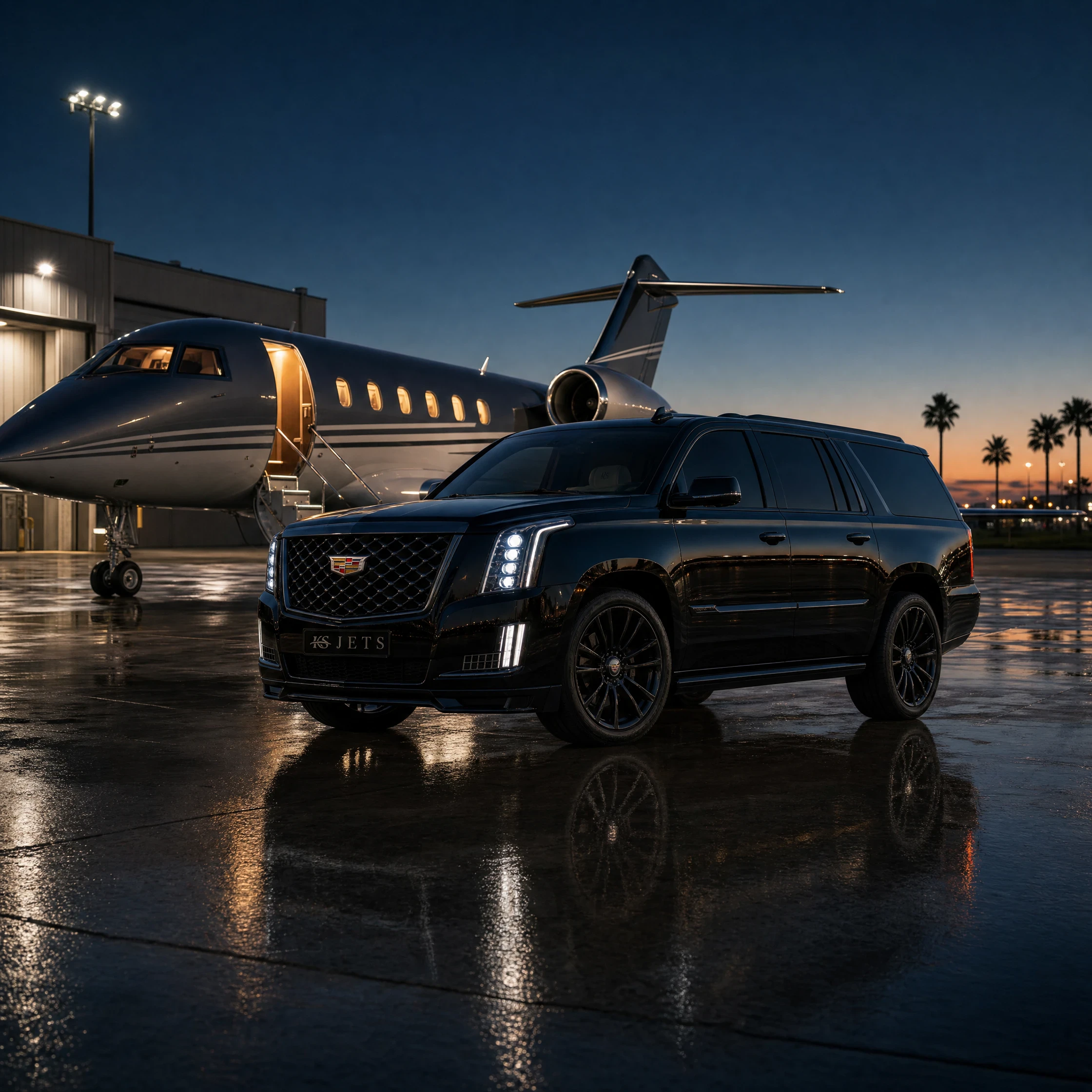 A vehicle on the ramp beside a business jet at dusk