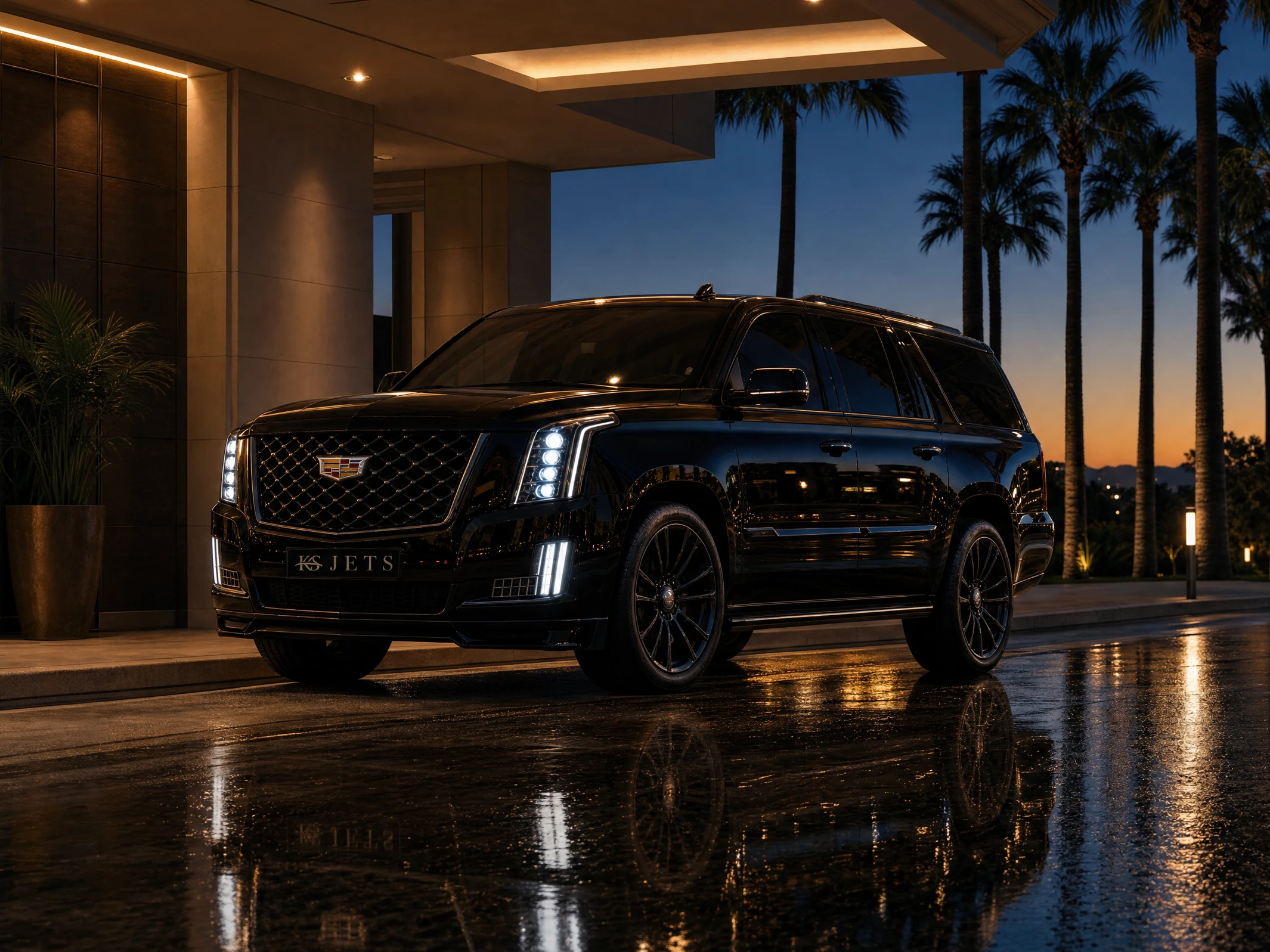 A vehicle waiting on a palm lined boulevard