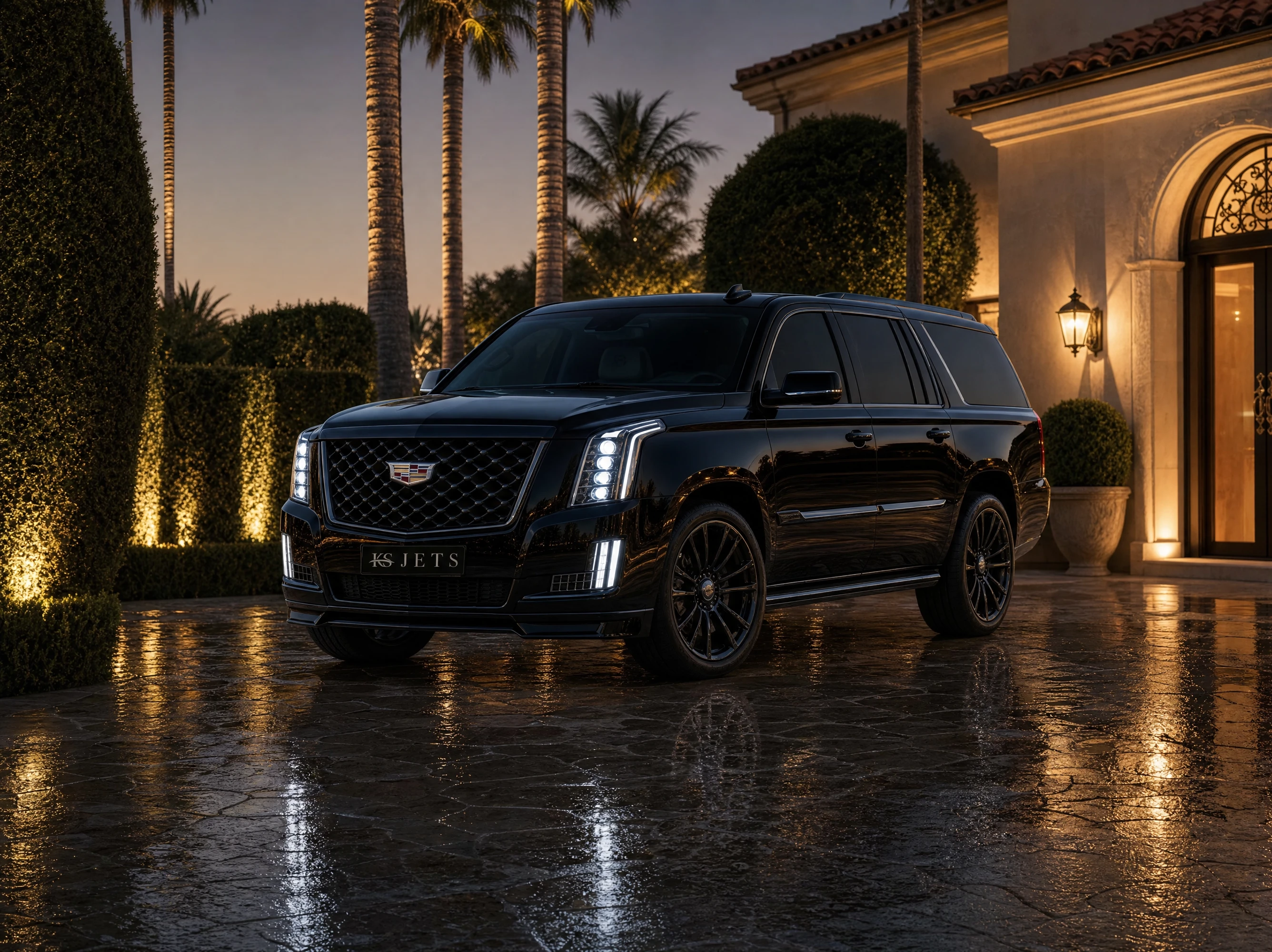 A vehicle in a Beverly Hills driveway at dusk
