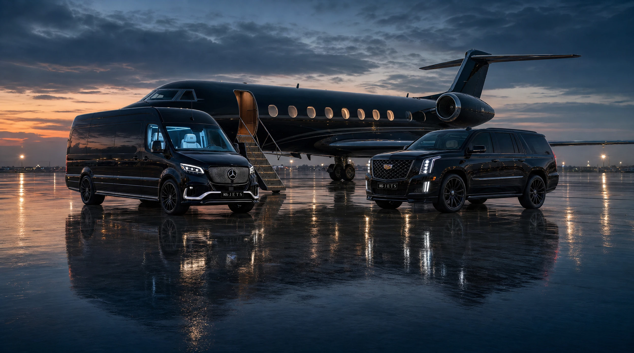 The Sprinter and the Escalade parked beside a private jet at dusk